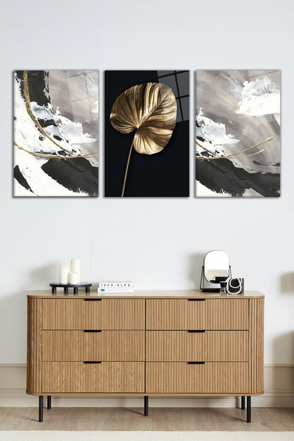 Gold Yaprak ve Soyut Desenler 3 Parça Set Cam Tablo, Ev ve Ofis Duvar Dekoru, Lüks Hediyelik