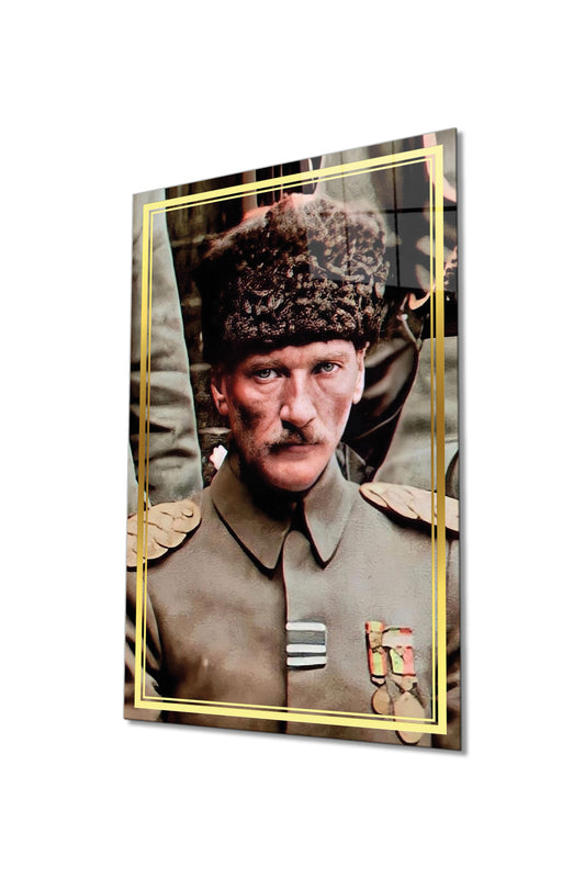 Gold Şeritli Mustafa Kemal Atatürk Portresi Cam Tablo, Ev Ofis Okul Duvar Dekoru Hediyelik Temperli