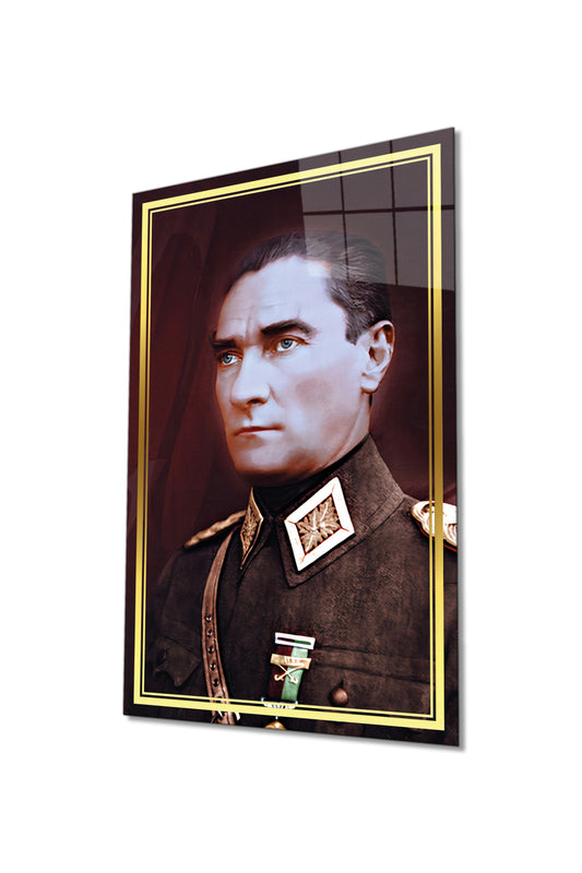 Gold Şeritli Üniformalı Atatürk Portresi Cam Tablo, ATA, Mustafa Kemal, Ev Ofis Okul Duvar Dekoru