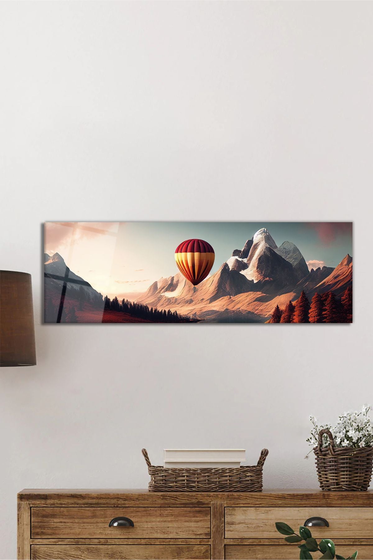 Sıcak Hava Balonu ve Orman Panoramik Cam Tablo, Modern Şık Ev Ofis Duvar Dekoru, Hediyelik Temperli