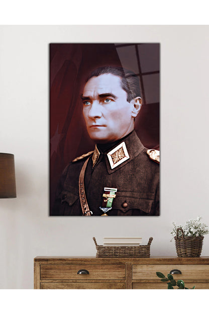 Üniformalı Atatürk Portresi Cam Tablo, ATA, Mustafa Kemal, Ev Ofis Okul Duvar Dekoru, Temperli Cam