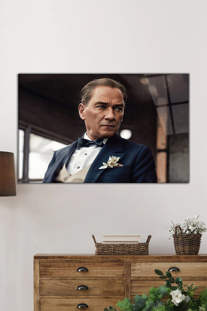 Yapay Zeka Asil Atatürk Yatay Cam Tablo, Takım Elbiseli Mustafa Kemal ATA, Ofis Dekoru, Hediyelik
