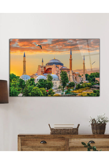 İstanbul Ayasofya Camii Manzarası Cam Tablo, Ev Ofis ve Cami Duvar Dekoru, Hediyelik, Temperli Cam