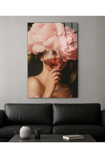 Pembe Çiçek Tacı ve Şarap Cam Tablo – Estetik Sanat
