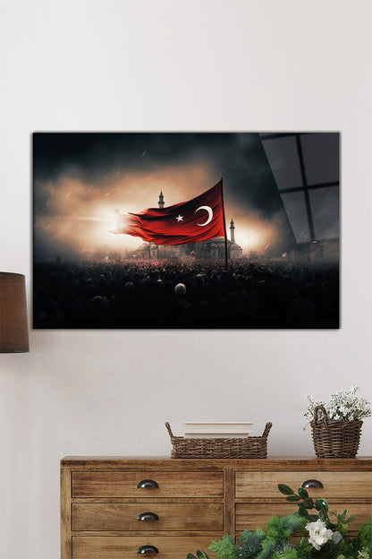 Türk Bayrağı ve Savaş Zaferi Yatay Cam Tablo, Türkiye Bayrak, Ev Ofis Duvar Dekoru, Lüks Hediyelik