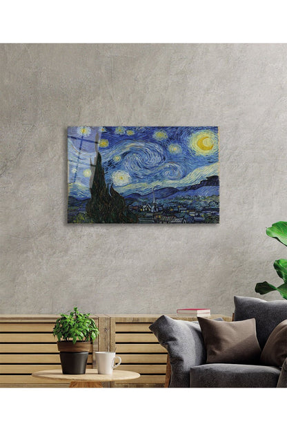 Vincent Van Gogh Yıldızlı Gece Starry Night Sanat Cam Tablo, Ev Ofis Duvar Dekoru Hediyelik Temperli