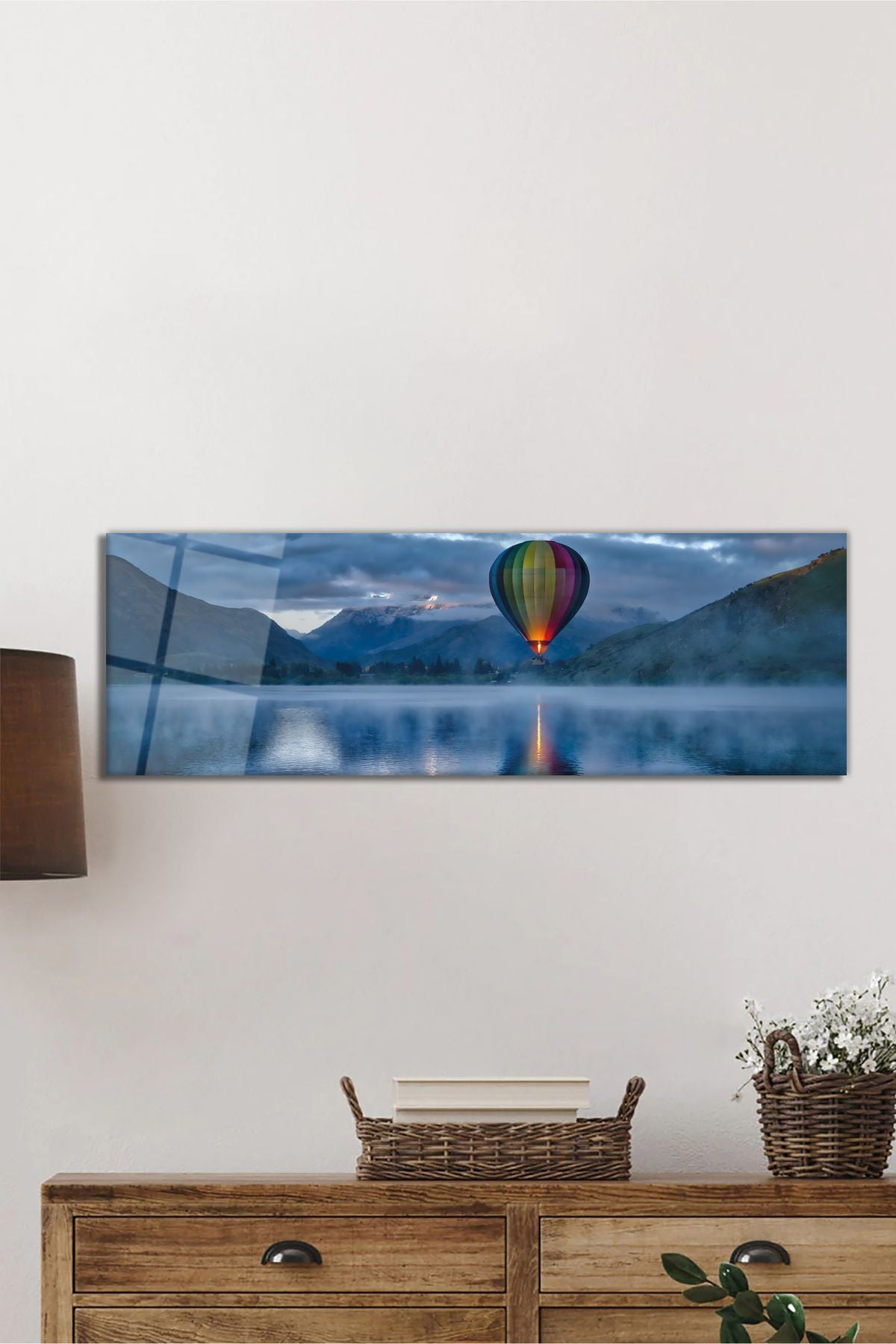Sıcak Hava Balonu Yansıması Panoramik Cam Tablo, Modern Ev Ofis Duvar Dekoru, Hediyelik Temperli Cam