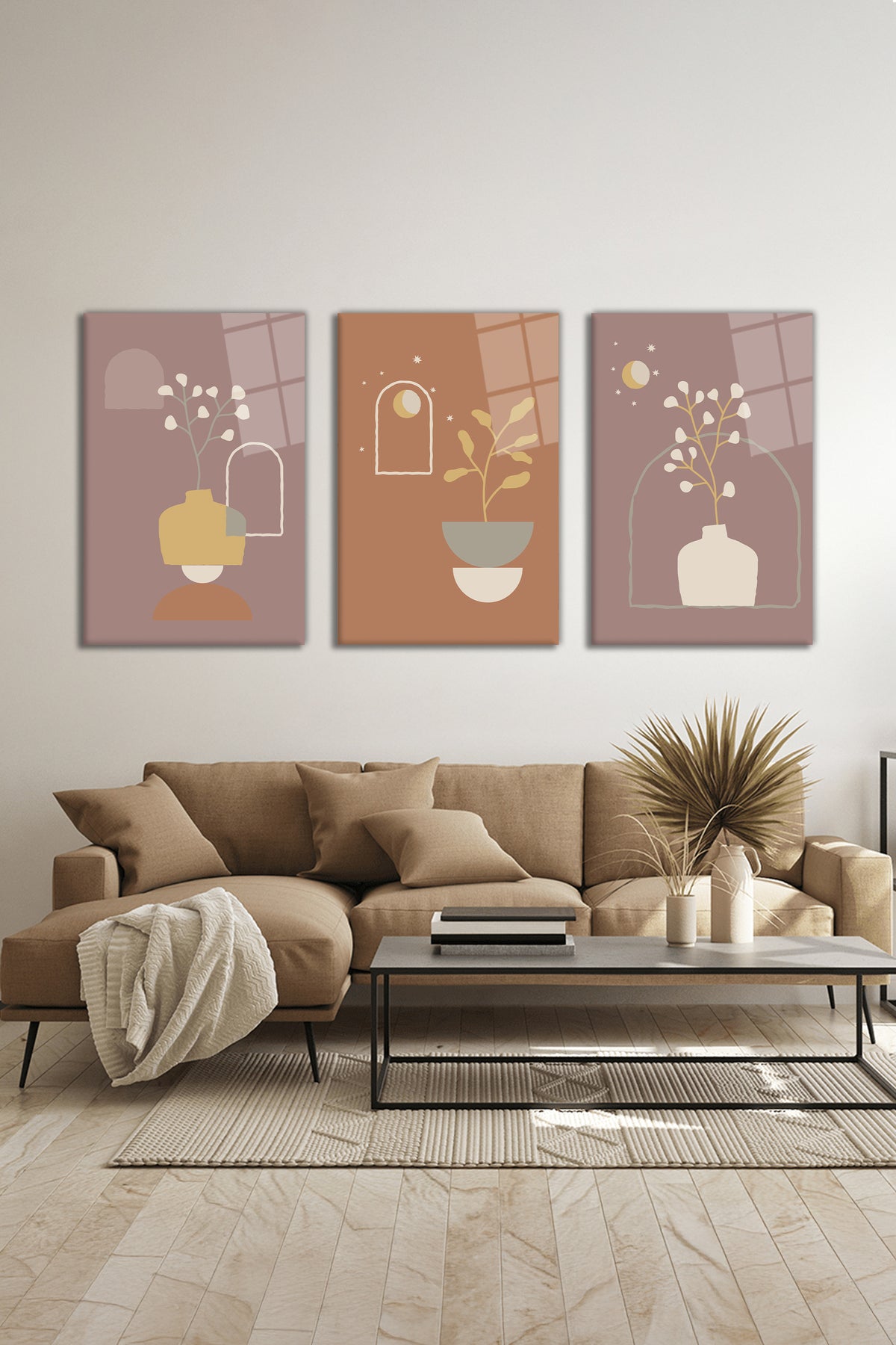 Minimalist Bohem İllüstrasyonu 3 Parça Set Cam Tablo, Ev ve Ofis Duvar Dekoru, Lüks Hediyelik
