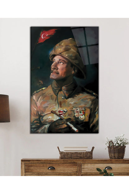 Yapay Zeka Üniformalı Mustafa Kemal Atatürk Portresi Cam Tablo, Ev Ofis Okul Duvar Dekoru, Hediyelik