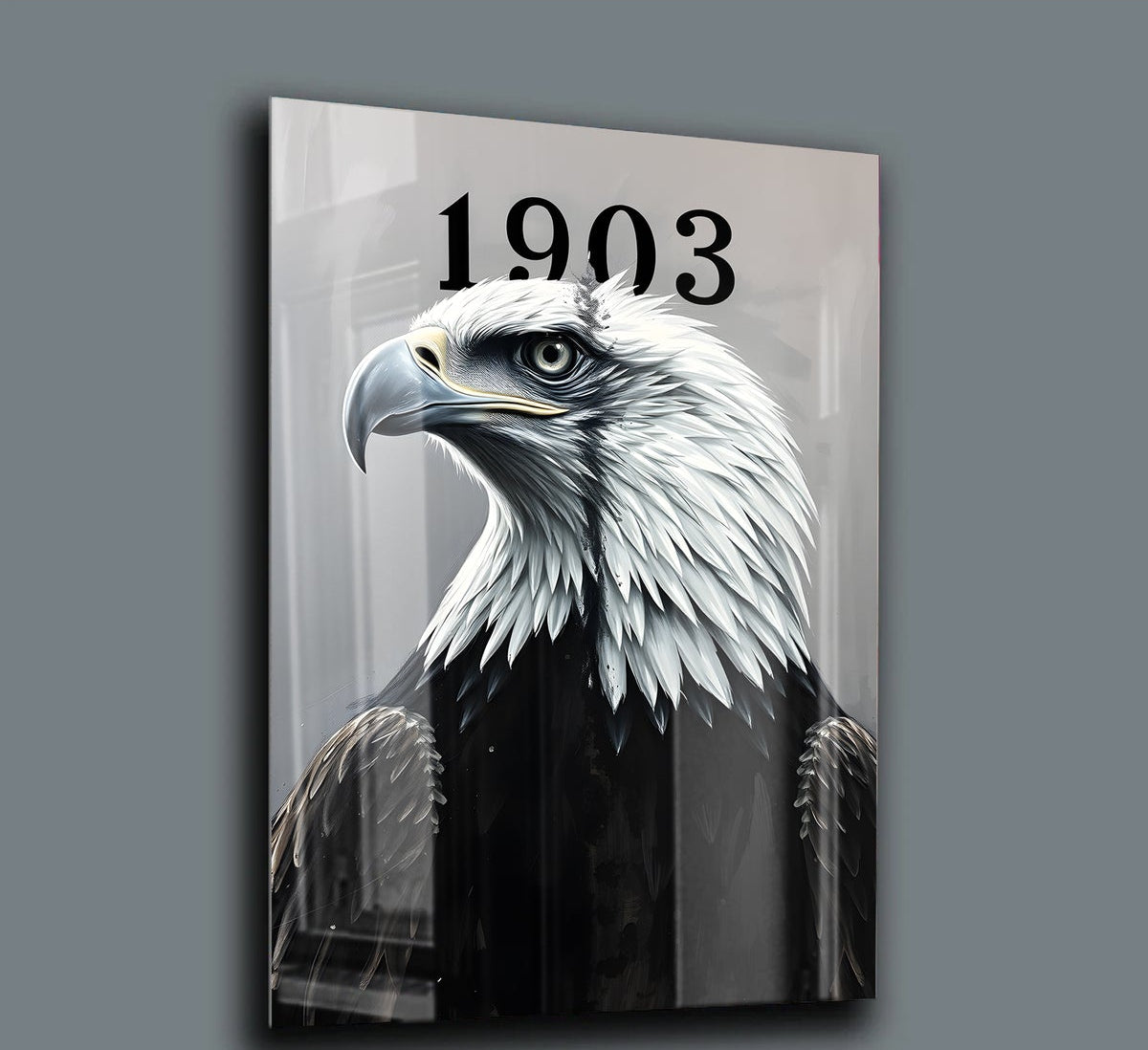 1903 Kartal Figürü Cam Tablo – Siyah Beyaz Taraftar Temalı Modern Premium HD Dekoratif Duvar Sanatı