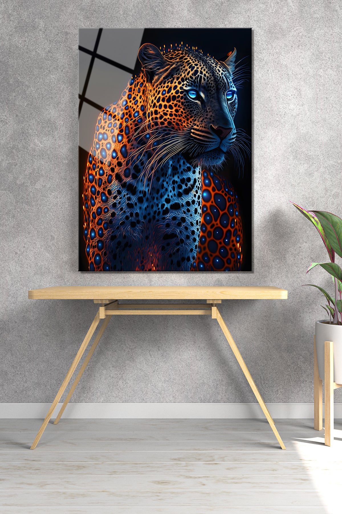LEOPAR TEMALI CAM TABLO-MAVİ GÖZLÜ LEOPAR HAYVAN CAM TABLO-DEKORATİF DUVAR TABLOSU-EV HEDİYESİ-OFİS