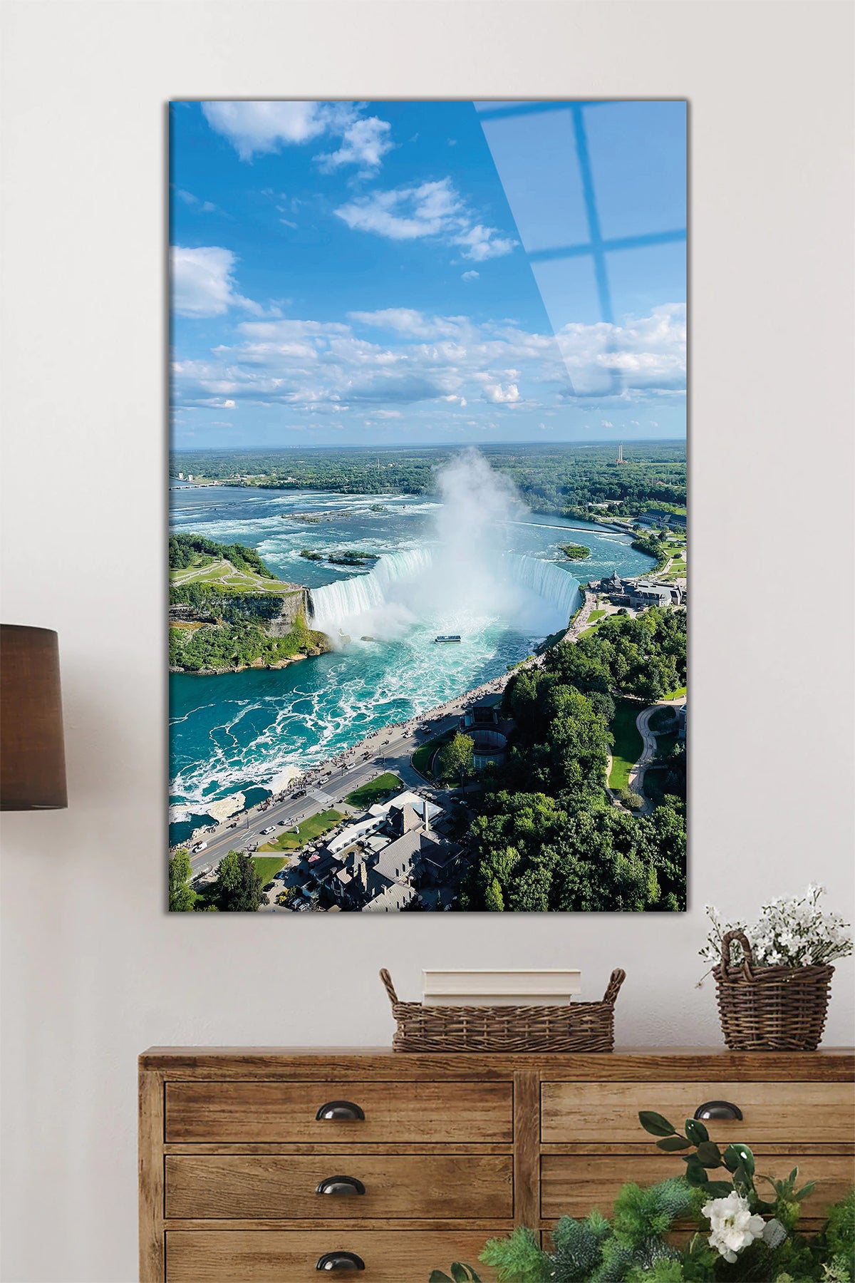 Niagara Şelalesi Kanada Dikey Cam Tablo, Ev ve Ofis Duvar Dekoru, Lüks Hediyelik, Kırılmaz Çizilmez