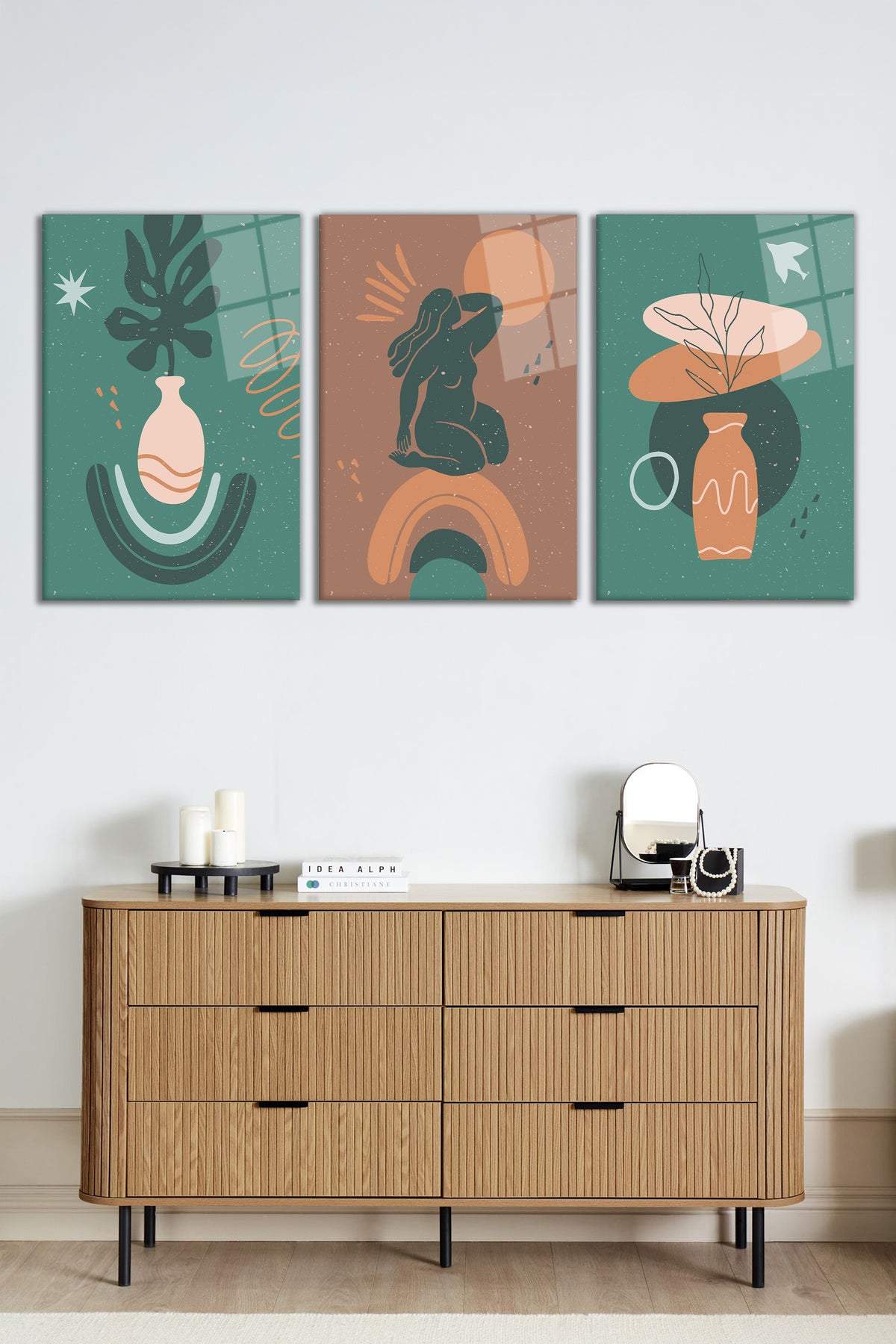 Minimal Modern İllüstrasyon 3 Parça Set Cam Tablo, Ev ve Ofis Duvar Dekoru, Lüks Hediyelik