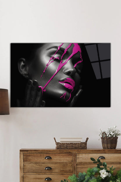 Pembe Boyalı Kadın Yatay Cam Tablo, Cesur Sanat, Ev ve Ofis Duvar Dekoru, Lüks Hediyelik