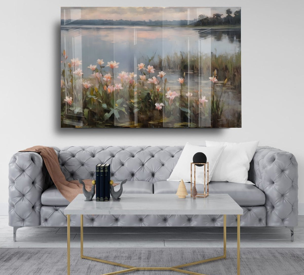 Klasik Yağlı Boya Tarzında Göl ve Lotus Çiçekleri Cam Tablo