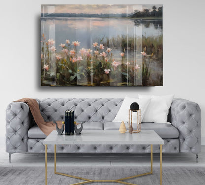 Klasik Yağlı Boya Tarzında Göl ve Lotus Çiçekleri Cam Tablo