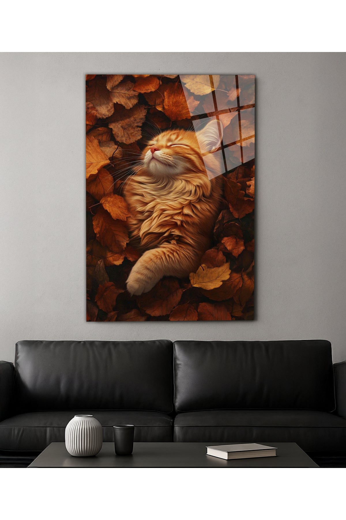 Sonbahar Tonlarında Kedi Figürlü UV Cam Tablo ile Doğal ve Sıcak Bir Atmosfer Yakalayın