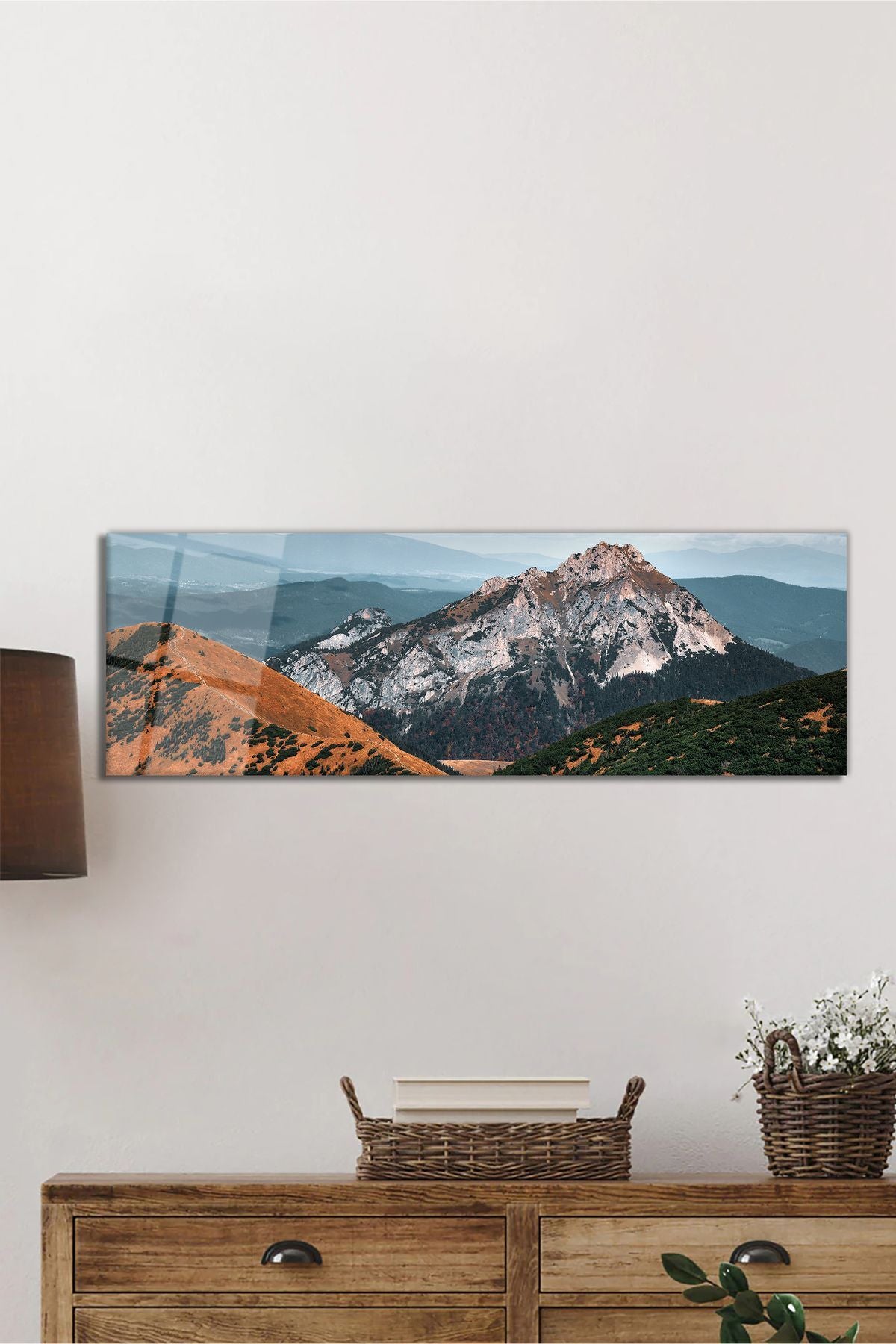 Zirve Dağlar Manzarası Panoramik Cam Tablo, Modern ve Şık Ev Ofis Duvar Dekoru, Hediyelik Temperli