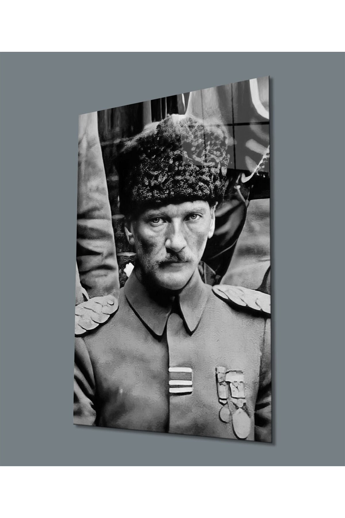 Mustafa Kemal Atatürk Portresi Cam Tablo, Siyah ve Beyaz, Ev Ofis Okul Hediyelik Duvar Dekoru
