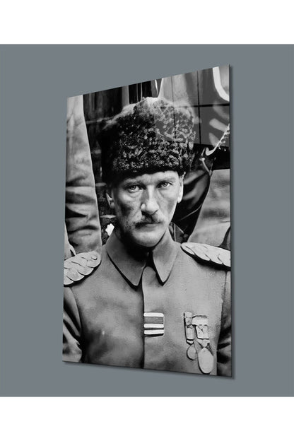 Mustafa Kemal Atatürk Portresi Cam Tablo, Siyah ve Beyaz, Ev Ofis Okul Hediyelik Duvar Dekoru
