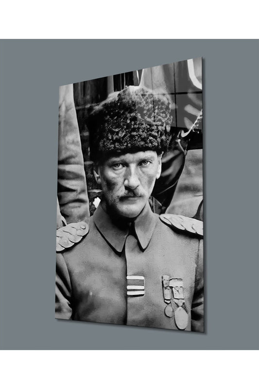 Mustafa Kemal Atatürk Portresi Cam Tablo, Siyah ve Beyaz, Ev Ofis Okul Hediyelik Duvar Dekoru