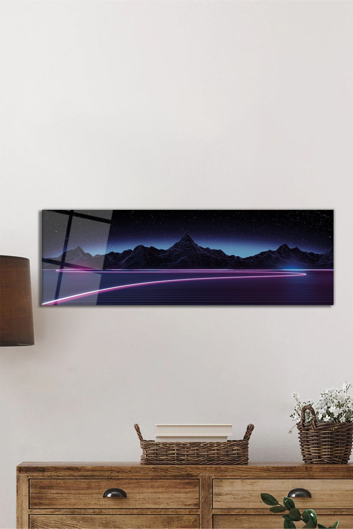Retrowave Synthwave Dağlar Panoramik Cam Tablo, Modern Şık Ev Ofis Duvar Dekoru, Hediyelik Temperli