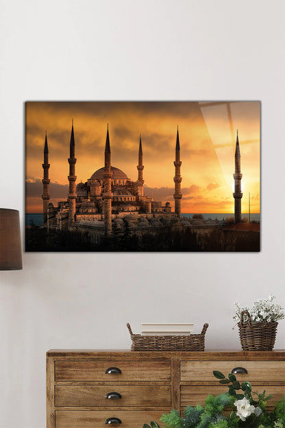 Gün Batımında Sultanahmet Camii Yatay Cam Tablo, Manevi Dini ve İslami, Ev ve Ofis Dekoru, Hediyelik