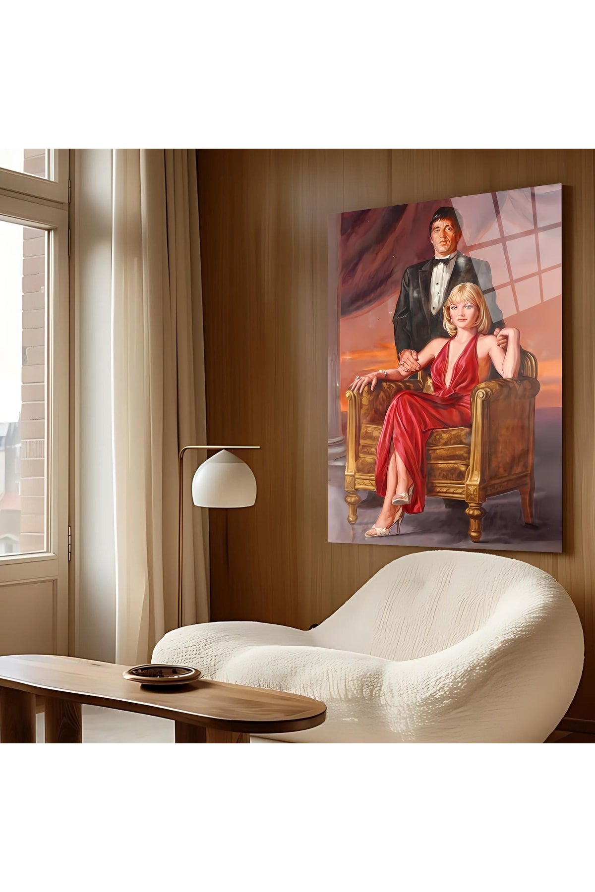 Tony Montana & Elvira Çift Tasarım Cam Tablo – Film Karakteri Dekoratif Poster