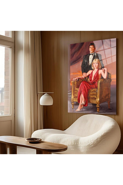 Tony Montana & Elvira Çift Tasarım Cam Tablo – Film Karakteri Dekoratif Poster