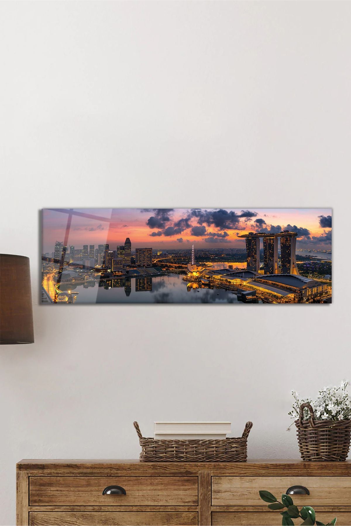 Gün Batımı Şehir Işıkları Panoramik Cam Tablo, Modern Şık Ev Ofis Duvar Dekoru, Hediyelik Temperli