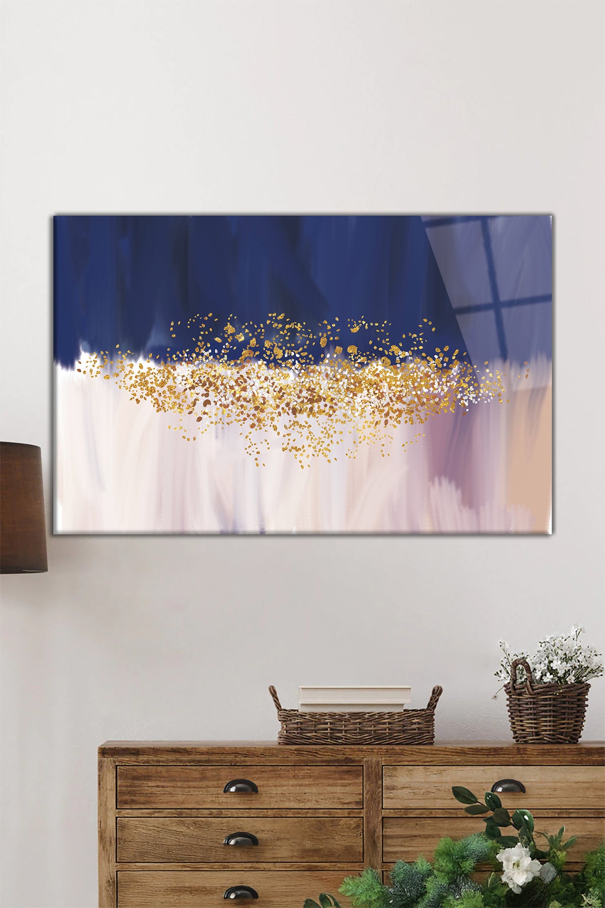 Mavi ve Gold'un Uyumu Yatay Cam Tablo, Modern, Ev ve Ofis Duvar Dekoru, Lüks Hediyelik