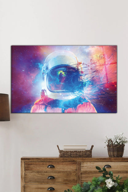 Renkli Boyalı Astronot Yatay Cam Tablo, Evren ve Galaksi, Ev ve Ofis Duvar Dekoru, Lüks Hediyelik