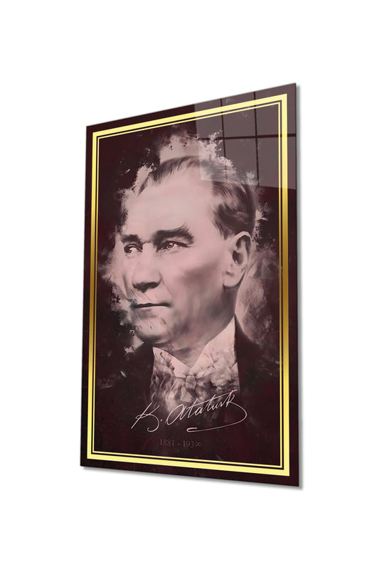 Gold Şeritli İmzalı Atatürk Portresi Cam Tablo, Mustafa Kemal, Ev Ofis Okul Duvar Dekoru, Hediyelik