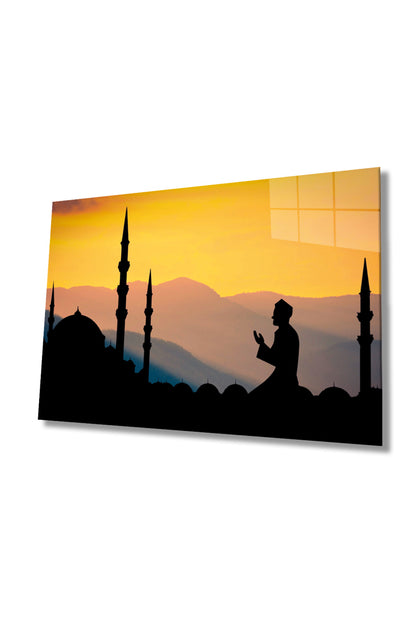 Camide İbadet ve Dua Eden İnsan Cam Tablo, Dini İslami, Ev Ofis Hediyelik Duvar Dekoru, Temperli Cam