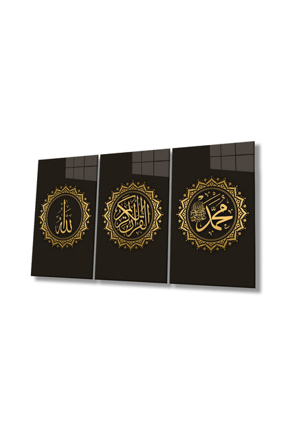 Allah, Muhammed Ve Kuran-ı Kerim 3 Parça Set Cam Tablo, Dini İslami Ev Ofis Hediyelik Duvar Dekoru