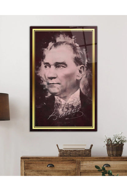 Gold Şeritli İmzalı Atatürk Portresi Cam Tablo, Mustafa Kemal, Ev Ofis Okul Duvar Dekoru, Hediyelik
