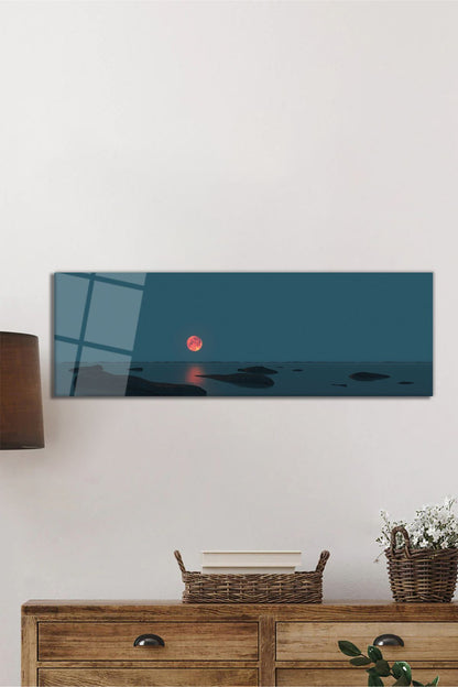 Kızıl Ay ve Durgun Sular Panoramik Cam Tablo, Modern ve Şık Ev Ofis Duvar Dekoru, Hediyelik Temperli