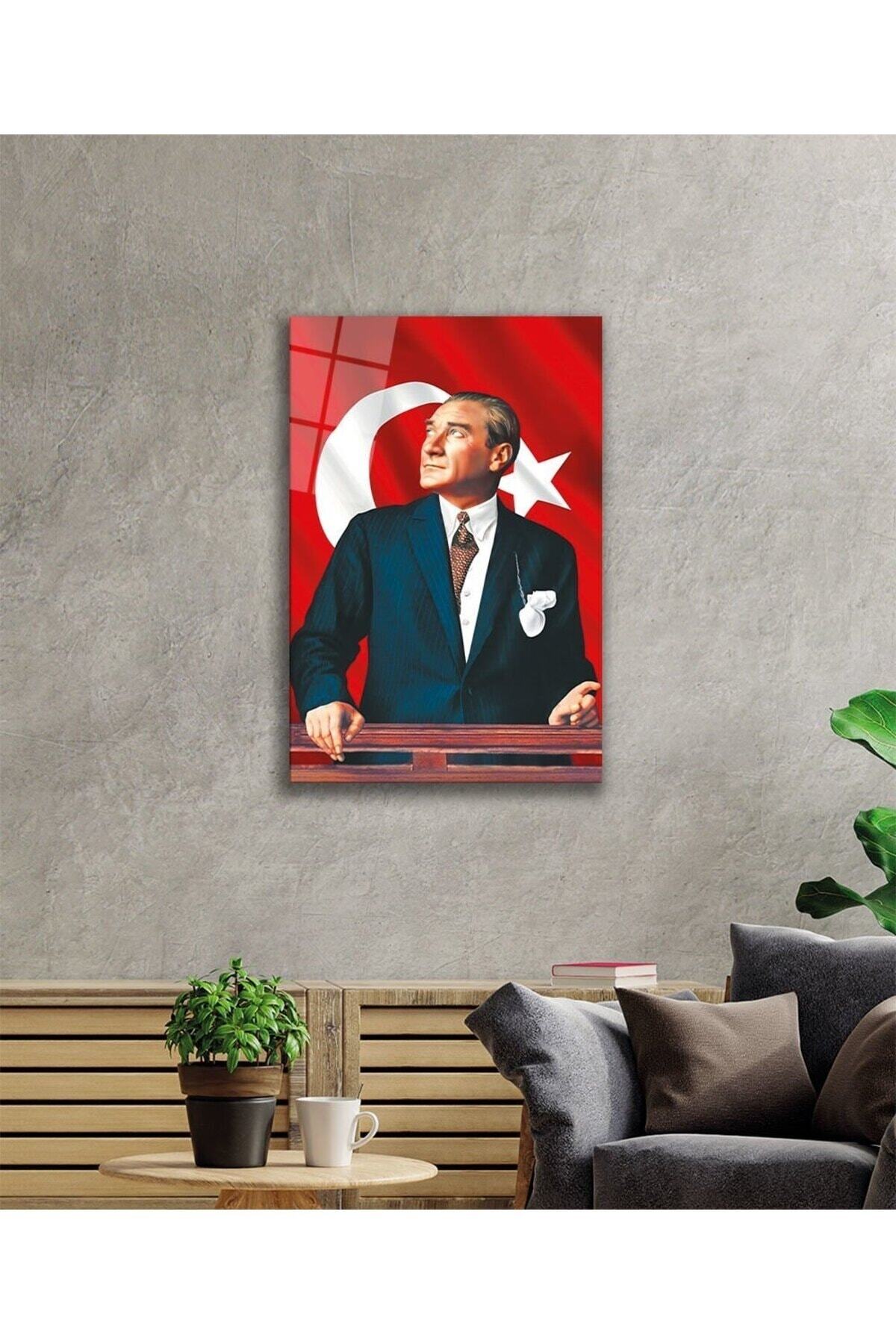 Mustafa Kemal Atatürk Türk Bayrağı Cam Tablo, Ev, Ofis ve Okul Duvar Dekoru, Hediyelik, Temperli Cam