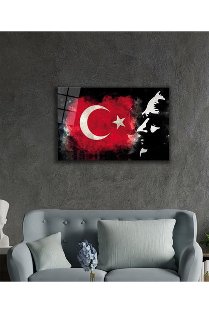 Mustafa Kemal Atatürk Türk Bayrağı Cam Tablo, Ev, Ofis Ve Okul Duvar Dekoru, Hediyelik, Temperli Cam