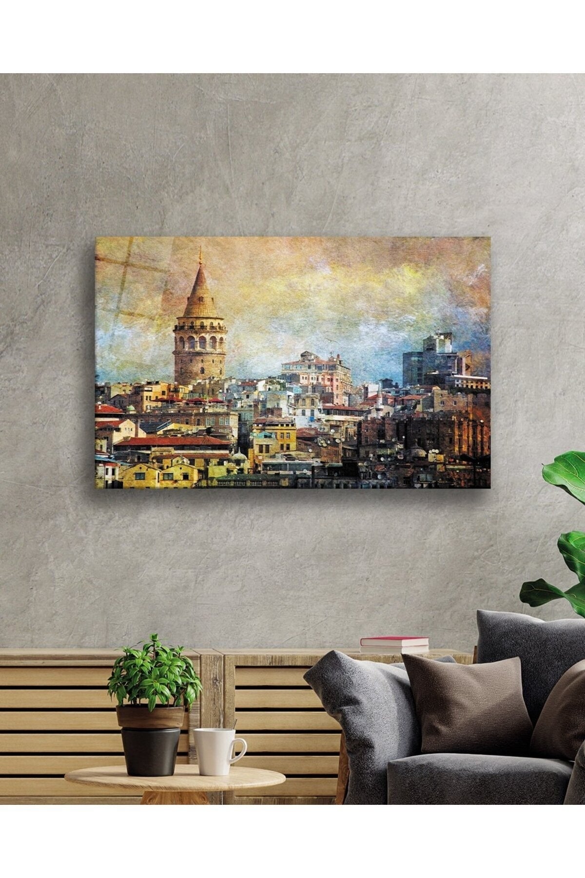 İstanbul Sulu Boya Galata Kulesi Manzarası Cam Tablo, Ev Ve Ofis Duvar Dekoru, Hediyelik, Temperli