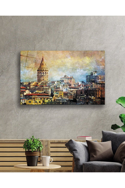 İstanbul Sulu Boya Galata Kulesi Manzarası Cam Tablo, Ev Ve Ofis Duvar Dekoru, Hediyelik, Temperli