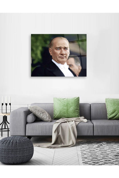 Renkli Mustafa Kemal Atatürk Portresi Cam Tablo, Ev ve Ofis Duvar Dekoru, Hediyelik, Temperli Cam