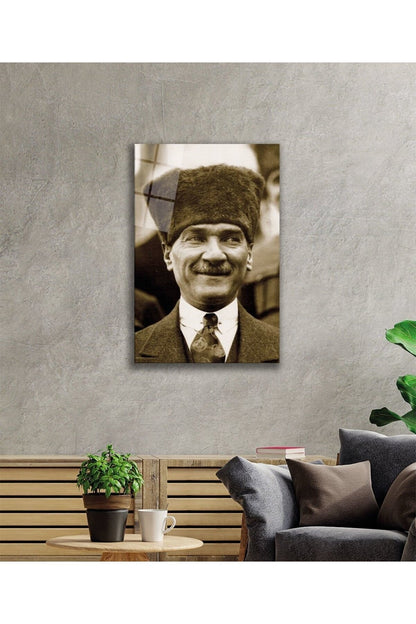 Mustafa Kemal Atatürk Portresi Cam Tablo, Ev, Ofis ve Okul Duvar Dekoru, Hediyelik, Temperli Cam