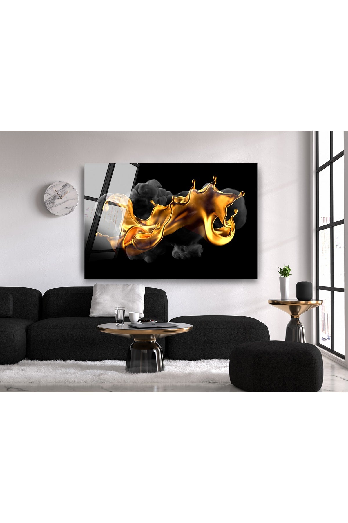 Siyah Altın Soyut Cam Tablo, Modern Tabloduvar Dekor, Büyük Tablo, Cam Duvar Tablo