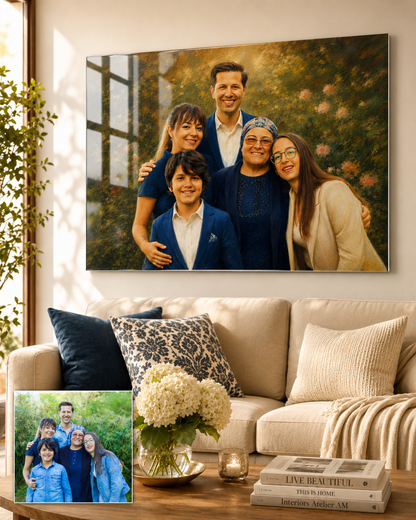 Kişiye Özel Aile Fotoğrafından Yağlı Boya Efektli Cam Tablo | Premium Cam Duvar Tablosu