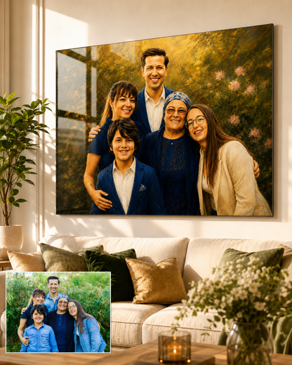 Kişiye Özel Aile Fotoğrafından Yağlı Boya Efektli Cam Tablo | Premium Cam Duvar Tablosu
